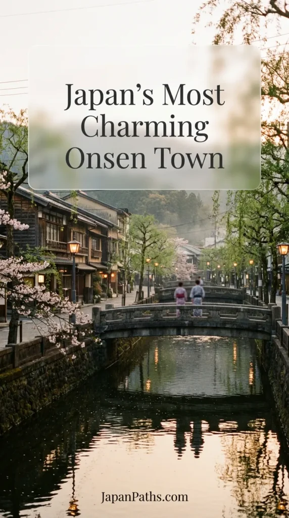 Travelers wearing traditional yukata robes walking along a willow-lined canal in Kinosaki Onsen, known as Japan’s Most Charming Onsen Town. The scene captures the historic architecture of a Japanese hot spring resort, featuring stone bridges, lanterns, and traditional ryokans perfect for a cultural retreat.