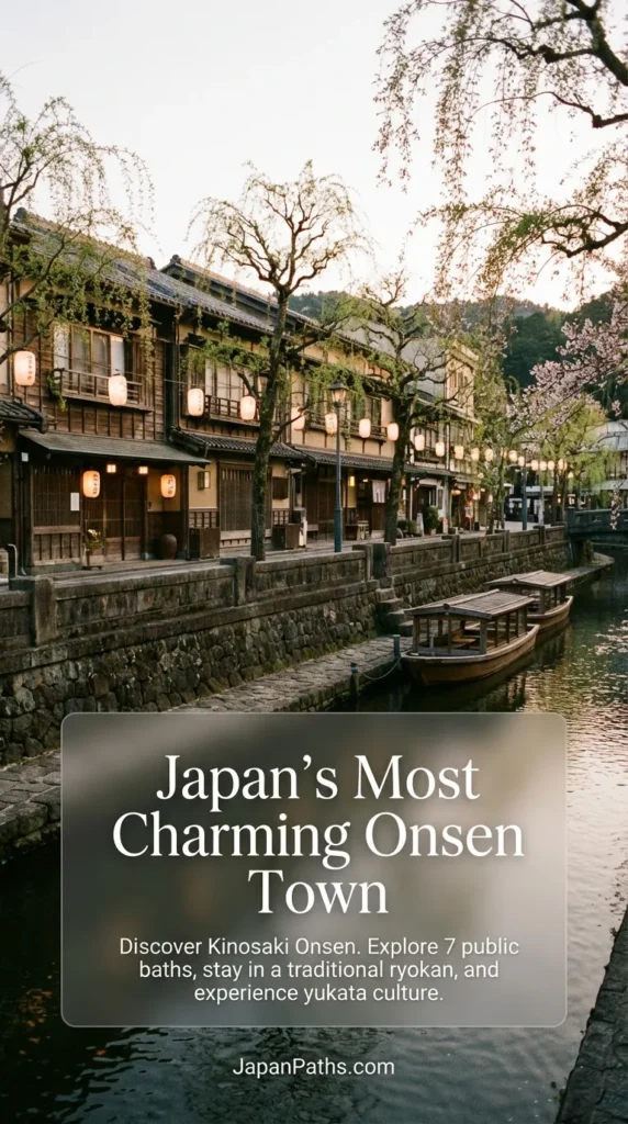 A scenic view of the willow-lined Otani River canal in Kinosaki Onsen, styled as Japan’s Most Charming Onsen Town. Visitors are walking across a stone bridge wearing colorful yukata robes and getting ready to visit the public hot springs. This image captures the essence of authentic Japan Travel, traditional Japanese Culture, and the relaxing atmosphere of a historic ryokan village.