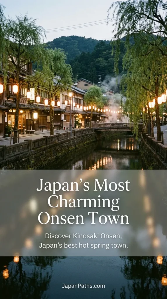 A picturesque evening view of the willow-lined Otani River in Kinosaki Onsen, known as Japan’s Most Charming Onsen Town. Traditional wooden ryokans glow with warm lantern light as visitors walk along the stone path wearing colorful yukata robes and geta sandals. An essential stop for authentic Japanese culture and hot spring hopping.