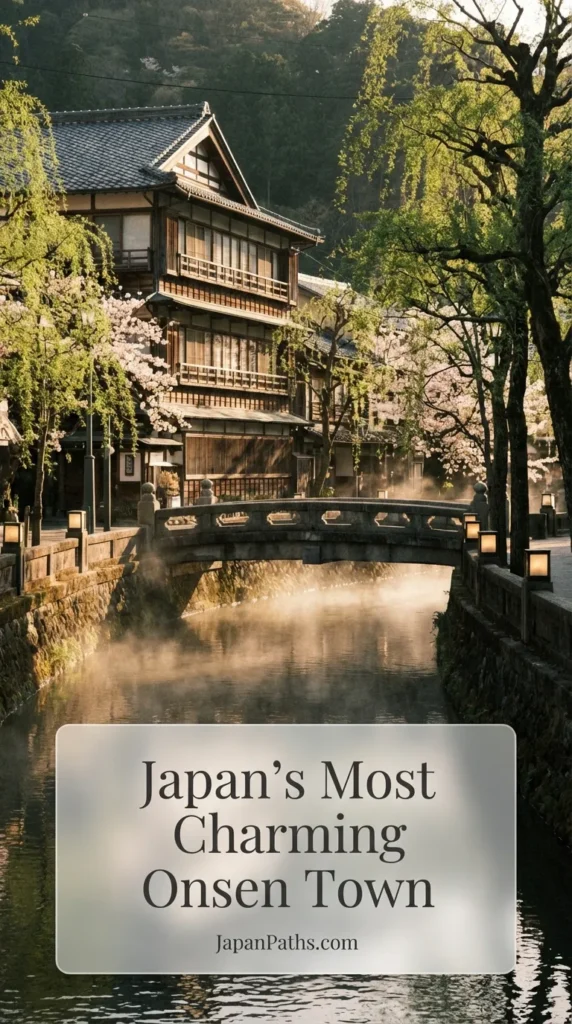 Scenery of Kinosaki Onsen featuring a stone canal lined with weeping willow trees and traditional wooden buildings. People are walking across arched bridges wearing colorful yukata robes and geta sandals. This destination is known as Japan’s Most Charming Onsen Town, offering authentic Japan travel experiences, hot spring baths, and historic architecture in Hyogo Prefecture.