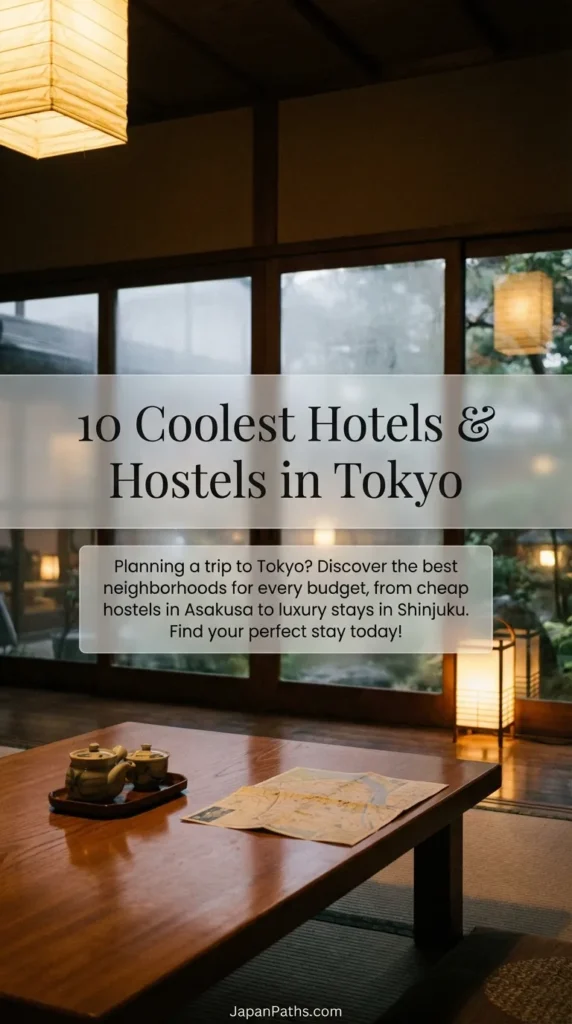 A stunning view of the city skyline from a modern hotel room paired with a cozy traditional Japanese hostel interior. This guide covers the 10 Coolest Hotels & Hostels in Tokyo, perfect for travelers planning a trip to Japan. Includes tips for staying in Asakusa, Shinjuku, and other top districts for Japanese culture.