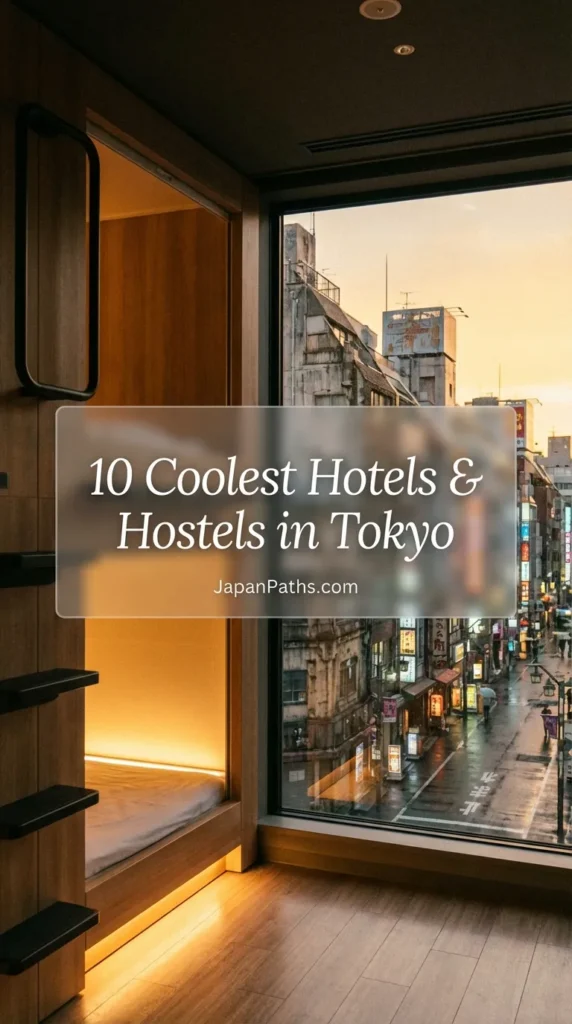 A collage showing a stylish modern hotel room with city views and a cozy traditional Japanese hostel entrance. Text overlay reads 10 Coolest Hotels & Hostels in Tokyo. Use this Japan Travel guide to find accommodation that lets you experience true Japanese Culture.