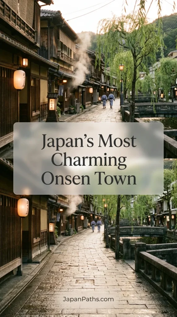 Travelers wearing colorful yukata robes walking along a willow-lined canal with stone bridges in Kinosaki Onsen, known as Japan’s Most Charming Onsen Town. The scene depicts traditional Japanese culture, wooden ryokan architecture, and a relaxing hot spring atmosphere perfect for Japan travel inspiration.